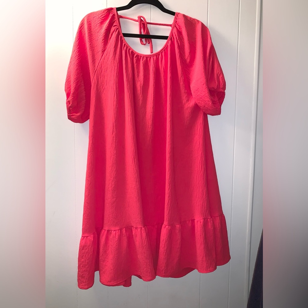 Ophelia & Co. Pink/orange  Midi Dress with Puff Sleeves and Ruffled Tiers